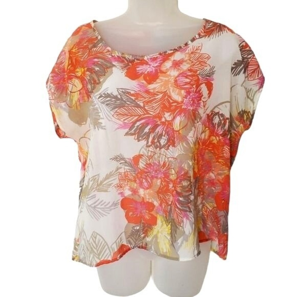 h.i.p. Womens Tropical Vibrant Exotic Floral Cap Sleeve Blouse M Top Orange Pink